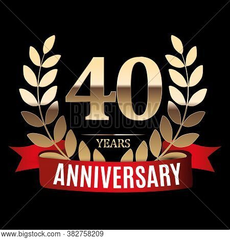 40 Years Anniversary Golden Template With Red Ribbon And Laurel Wreath Vector Illustration