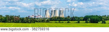 Nuclear Power Plant On The Background Of Beautiful Green Summer Meadow. Temelin, Czech Republic.