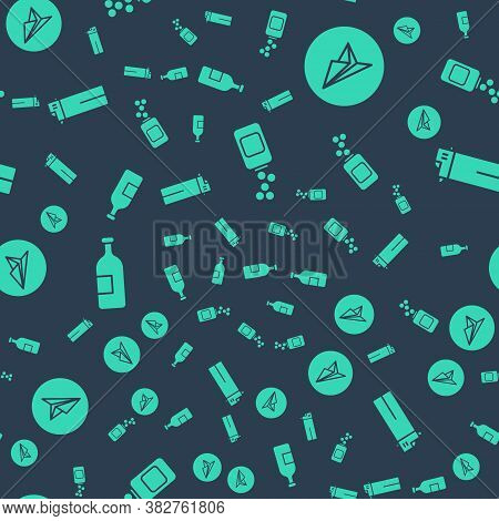 Set Medicine Bottle And Pills, Messenger, Alcohol Drink Bottle And Lighter On Seamless Pattern. Vect