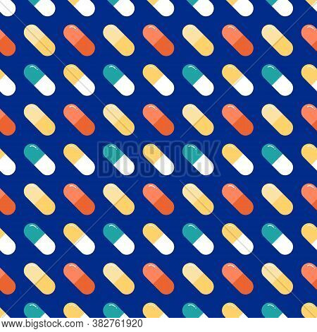 Vector Seamless Pattern Background With Colorful Pills, Vitamins, Food Suppliments For Pharmacy Desi