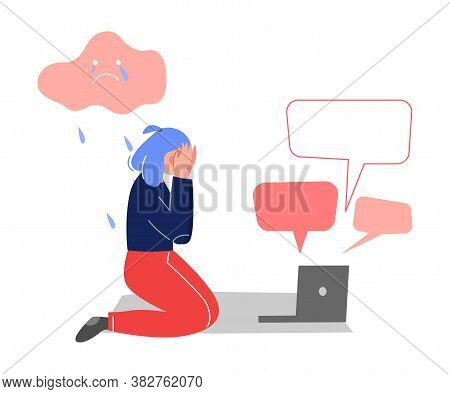 Depressed Crying Teen Girl Sitting On Floor With Laptop Surrounded By Message Bubbles, Cyber Bullyin