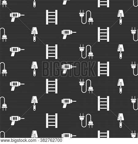 Set Electric Plug, Trowel, Electric Drill Machine And Wooden Staircase On Seamless Pattern. Vector