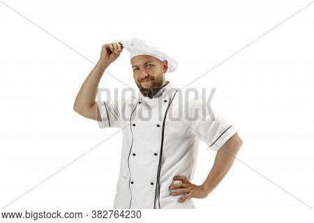 Cooker, Chef, Baker In Uniform Isolated On White Studio Background, Gourmet. Young Man, Restaurant C
