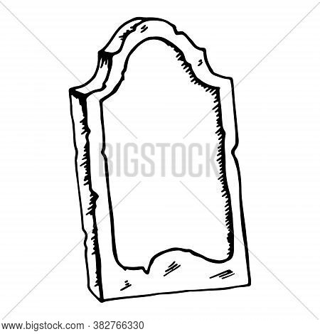 Vintage Shabby Headstones Set. Hand Drawn Doodle Sketch Black Outline Gloomy Gravestones For Hallowe