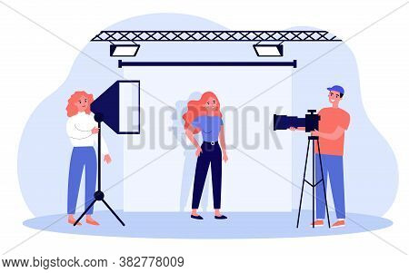 Young Model Posing In Photography Studio Isolated Flat Vector Illustration. Cartoon Photographers Ta