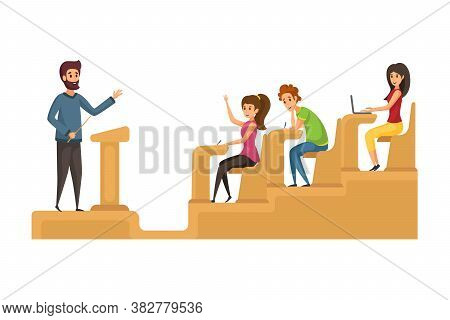 Lecture, Study, Education Concept. Happy Man Teacher Student Explaining Topic To Young Men Women Pup