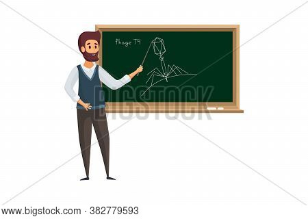 Training, Teaching, Education Concept. Happy Man Teacher Tutor Cartoon Character Explaining New Topi