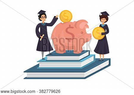 Capital, Money, Education, Loan Concept. Man And Woman Students Cartoon Characters Earning Saving Ca