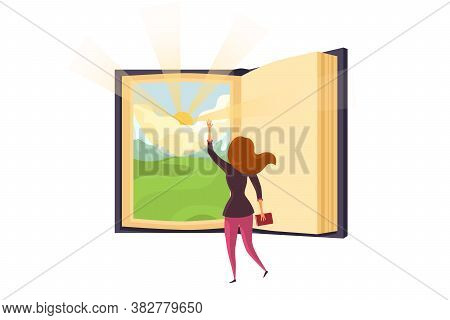 Global Education, Online Study Concept. Young Woman Or Girl Student Cartoon Character Opening Book W