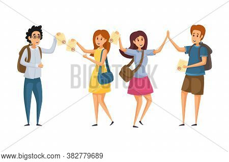 Passing Exams, Congratulation, Education Concept. Young Miling Smiling Boy Girl Pupils Students Frie
