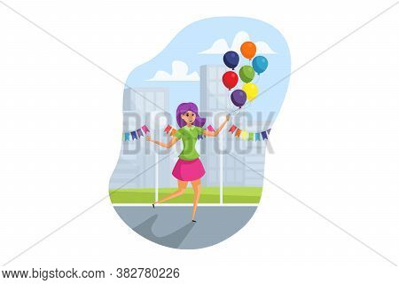 Activism, Lgbt Parade Concept. Young Happy Woman Lesbian Activist Takes Part At Street Demonstration