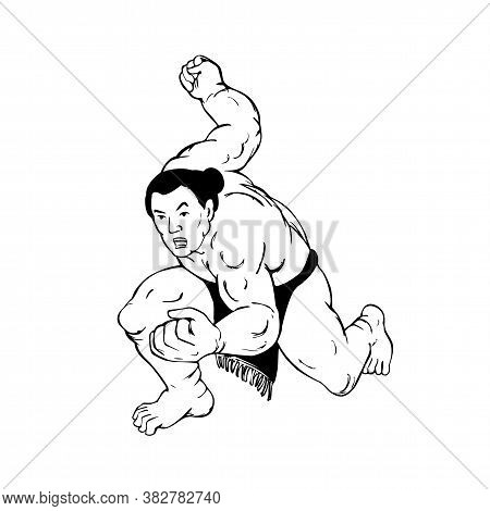 Ukiyo-e Or Ukiyo Style Illustration Of A Professional Sumo Wrestler Or Rikishi In Fighting Stance Vi