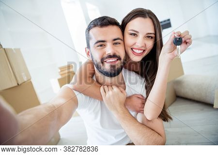 Self-portrait Of His He Her She Nice Attractive Cheerful Tender Married Spouses Embracing Holding In