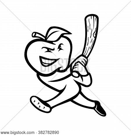 Black And White Mascot Illustration Of An Apple, A Sweet, Edible Fruit Produced By Apple Trees,  As 