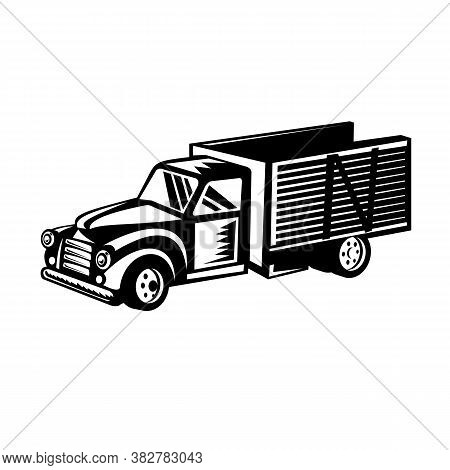 Retro Woodcut Black And White Style Illustration Of A Vintage Classic American Pickup Truck With Woo