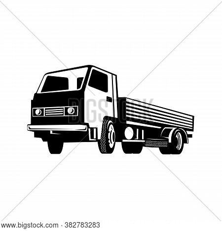 Retro Black And White Style Illustration Of A Lightweight Flatbed Truck Viewed From Side On Low Angl