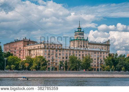 Frunzenskaya Embankment In Moscow, Old Building Of Soviet Architecture.