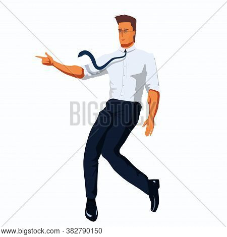 Young Man In White Shirt, Trousers And Tie Is Standing In A Dancing Pose And Points His Finger. Eleg