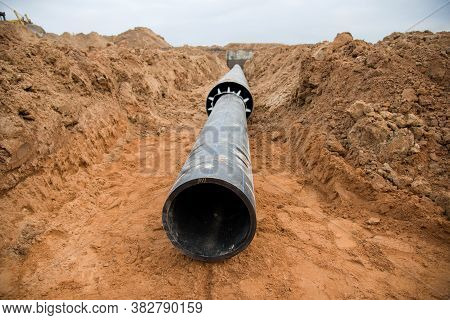 Sewer Pipes For Laying An External Sewage System At A Construction Site. Sanitary Drainage System Fo