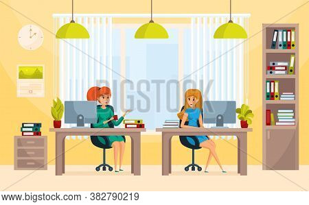 Business, Communication, Break Concept. Businesswomen Girls Friends Colleagues Clerk Managers Talkin