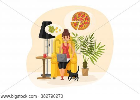 Online Shopping, Order, Quarantine, Coronavirus Concept. Young Happy Woman Or Girl Cartoon Character