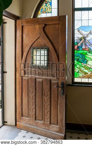 Luderitz, Namibia - June 15, 2011: Door And Stained Glass Window Of The Goerke House In Luderitz