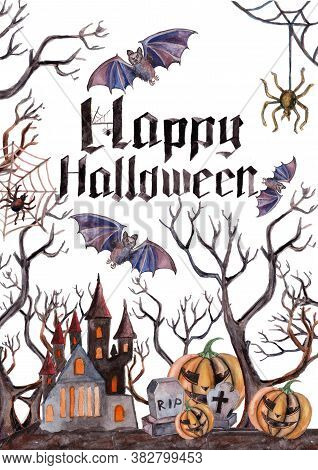Happy Halloween. Cute Cartoon Spooky Character. Smiling Face, Hands. Greeting Card. Watercolor Illus