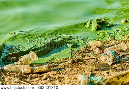 Environmental Water Pollution. Polluted River - Dirty Green Water, Garbage, Waste And Trash. Harmful