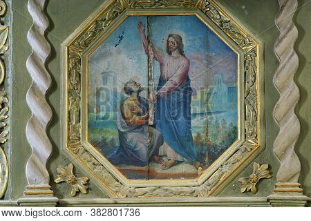 SVETI IVAN ZELINA, CROATIA - JUNE 26, 2013: Jesus gives Peter the keys to the kingdom, the pulpit in the parish church of Saint John the Baptist in Sveti Ivan Zelina, Croatia