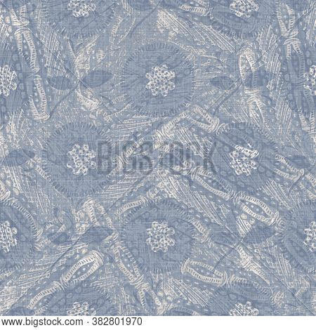 Seamless French Farmhouse Linen Printed Floral Damask Background. Provence Blue Gray Linen Pattern T