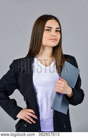 Woman Wear Black Suit Hold Folder Documents, Hospitable Administrative Worker Concept