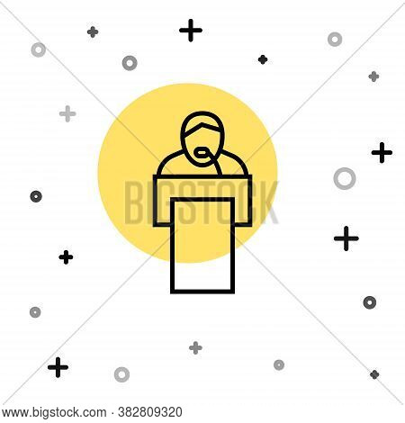 Black Line Gives Lecture Icon Isolated On White Background. Stand Near Podium. Speak Into Microphone