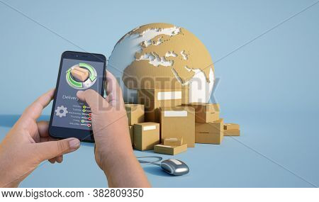 3D rendering of a smartphone delivery tracking app packages on the background