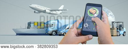 3D rendering of a smartphone delivery tracking app with an airplane, truck, ship and van on the background