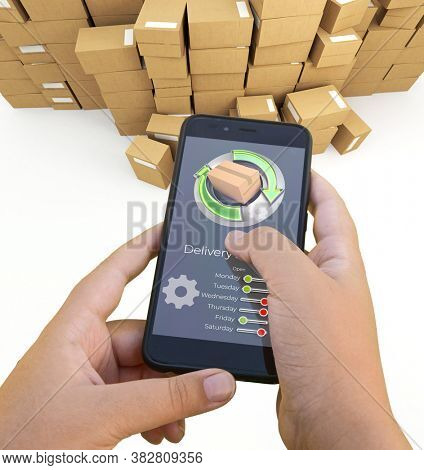 3D rendering of a smartphone delivery tracking app packages on the background