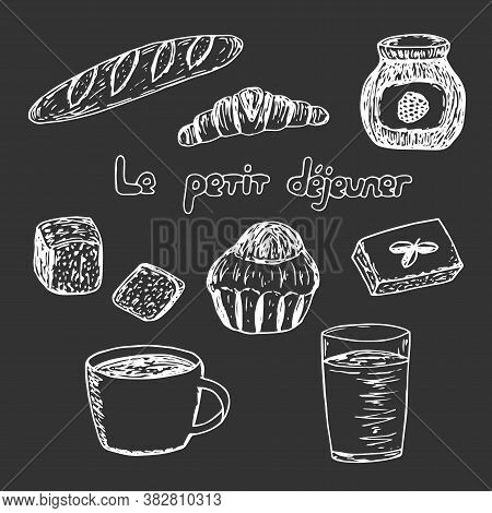 French Breakfast Set, Vector Illustration, Croissant, Brioche, Baguette, Bread, Coffee, Juice, Jam, 