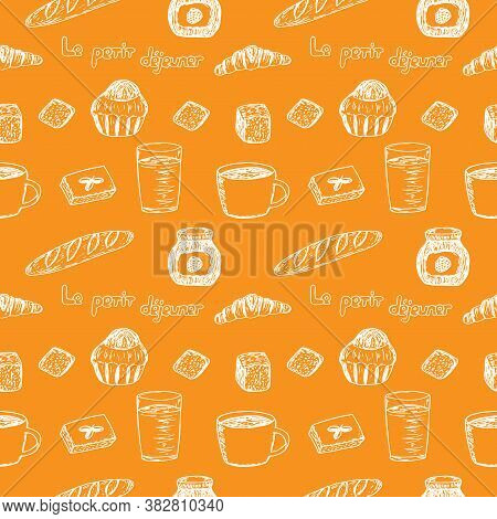 Seamless Pattern French Breakfast Set, Vector Illustration, Croissant, Brioche, Baguette, Bread, Cof