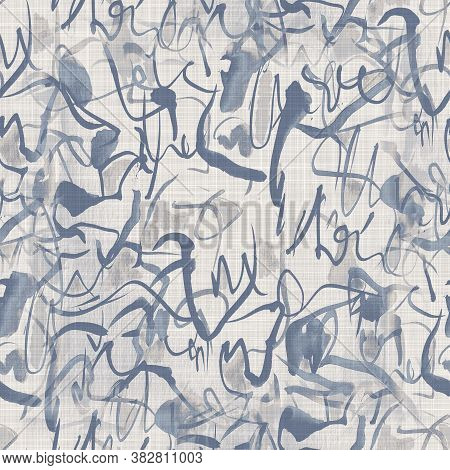 Seamless French Farmhouse Linen Doodle Background. Provence Blue Gray Linen Rustic Pattern Texture. 