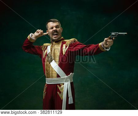 Shoting Duelist. Young Man In Suit As Nicholas Ii Isolated On Dark Green Background. Retro Style, Co