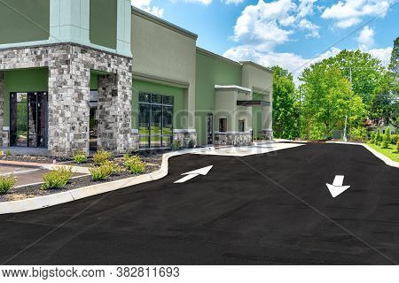 Horizontal Shot Of A New Fast Food Restaurant Drive Thru Under Construction.