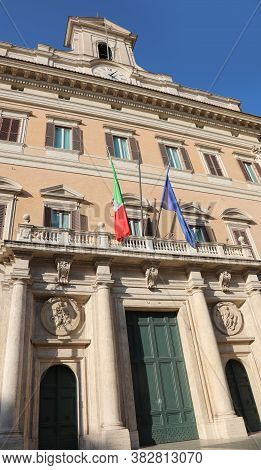 Rome, Rm, Italy - March 3, 2019: Italian Parliament Called Montecitorio And Italian And European Fla