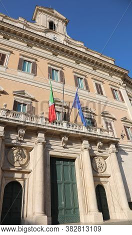 Rome, Rm, Italy - March 3, 2019: Italian Parliament Called Montecitorio And Italian And European Fla
