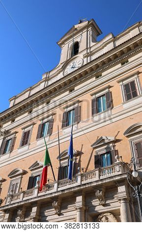 Rome, Rm, Italy - March 3, 2019: Palace Of Montecitorio The Seat Of The Italian Parliament With Flag