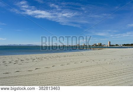 Sandy, Pristine Beach At The Mar Menor, Lo Pagan, Murcia, Southern Spain. Peaceful Tranquil Scene Wi