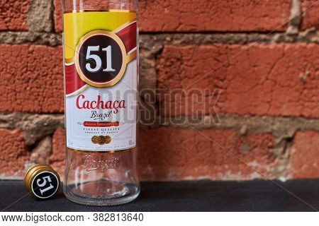 Moscow - 23.11.2019 - Cachaca 51 Bottle. Brazilian Rum. Exotic Brazil Strong Alcohol Drink Rom Ferme