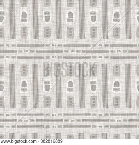 French Woven Linen Texture Geometric Shape Background. Old Ecru Flax Grey Geo Motif Seamless Pattern