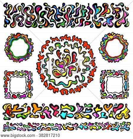 Multicoloured Art Nouveau Floristic Squares, Circles, And Dividers With Black Outlines. Abstract Ele