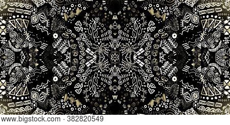 South American Seamless. White Pattern Ethnic Design. Gray Ethnic Triangle. Gold Handmade Colored. B