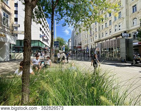Vienna, Austria - August 28, 2020: Pedestrian Area Of Mariahilferstrasse Street In Vienna. Mariahilf