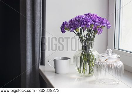 Bridal Bouquets Of Lilac Carnations In A Round Glass Vase Different Sizes As Table Decoration